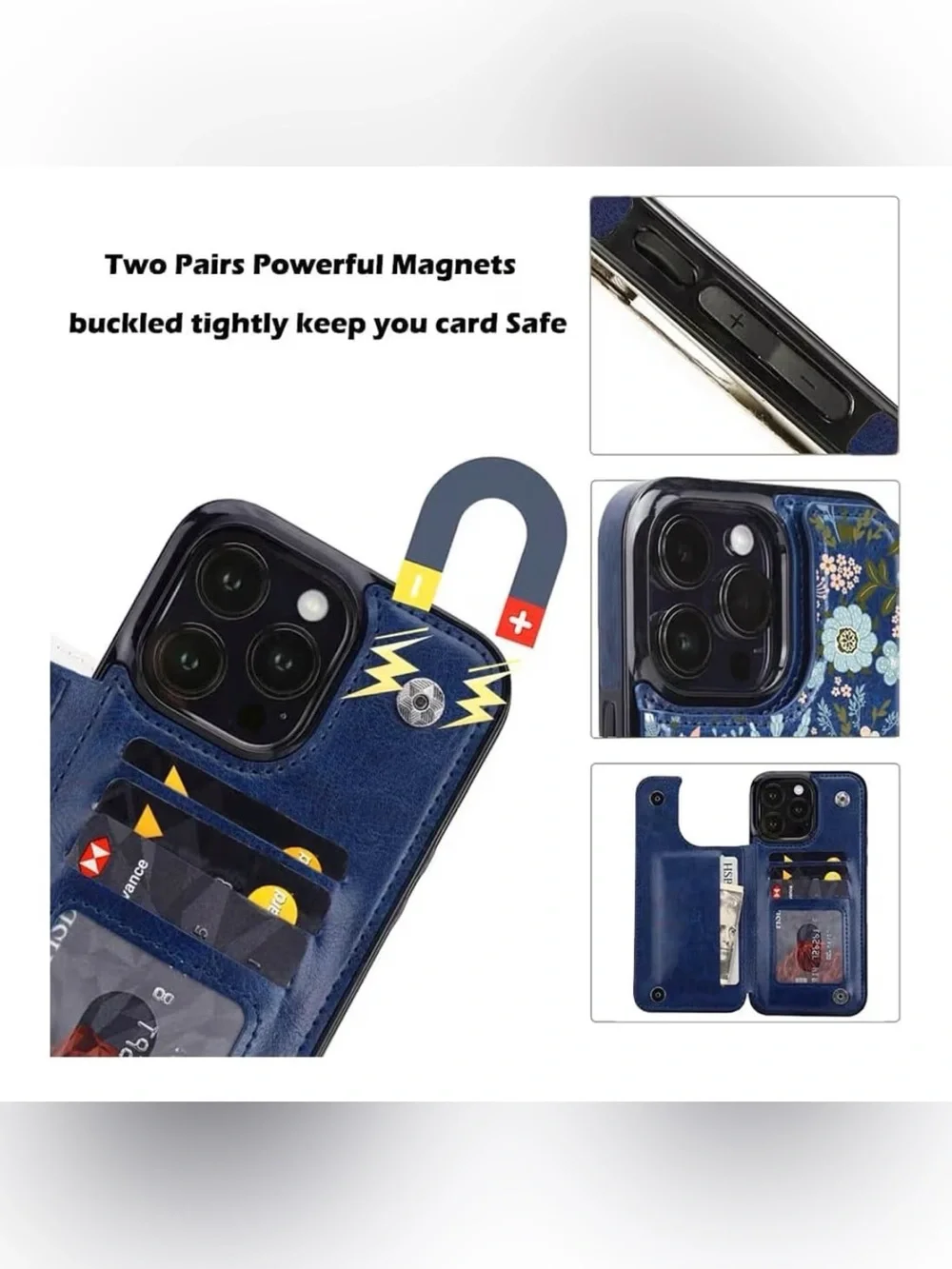 Blue Floral Wallet Phone Case with Card Slots and Magnetic Closure